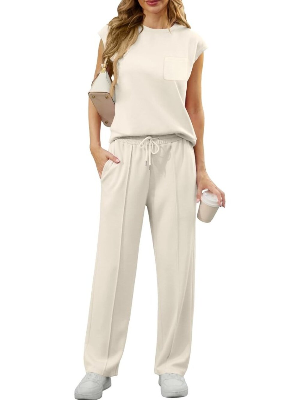 Women's Beige 2 Piece Sets Summer Outfits Sleeveless Wide Leg Tracksuits Casual